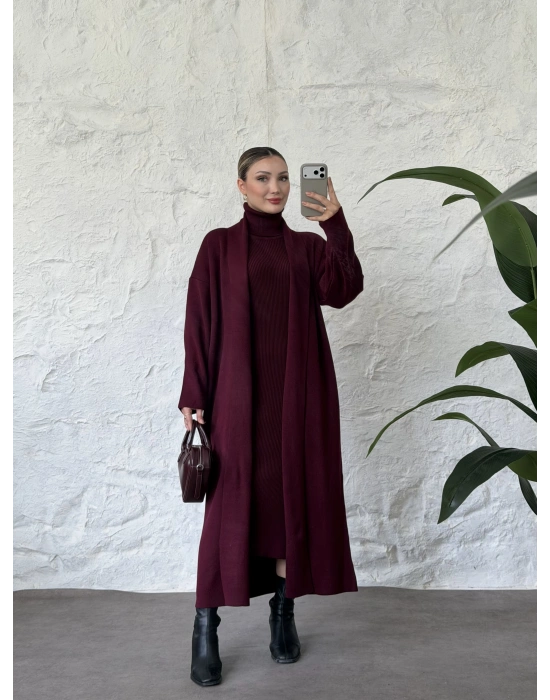 boğazlı elbiseli hırkalı triko ikili takım bordo
