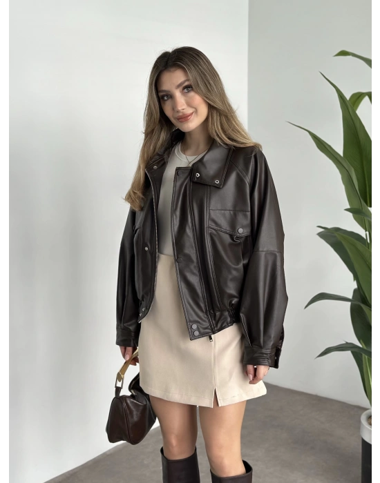 Bol düğme detaylı deri ceket kahve