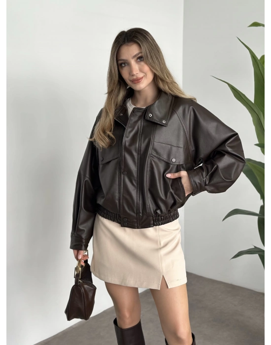 Bol düğme detaylı deri ceket kahve