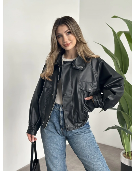 Bol düğme detaylı deri ceket siyah