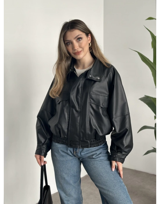 Bol düğme detaylı deri ceket siyah