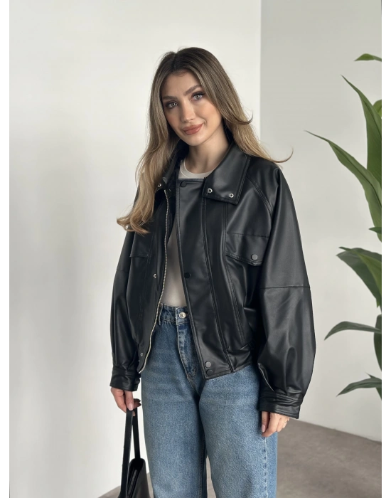 Bol düğme detaylı deri ceket siyah