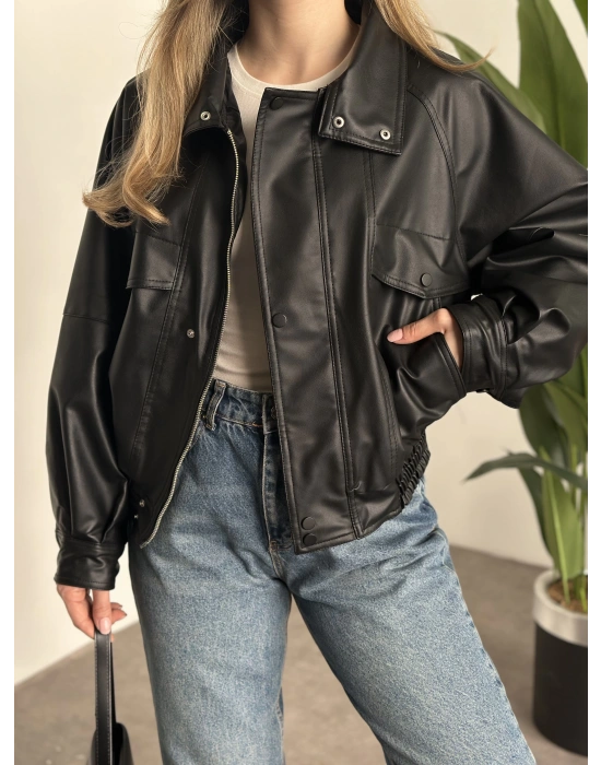 Bol düğme detaylı deri ceket siyah