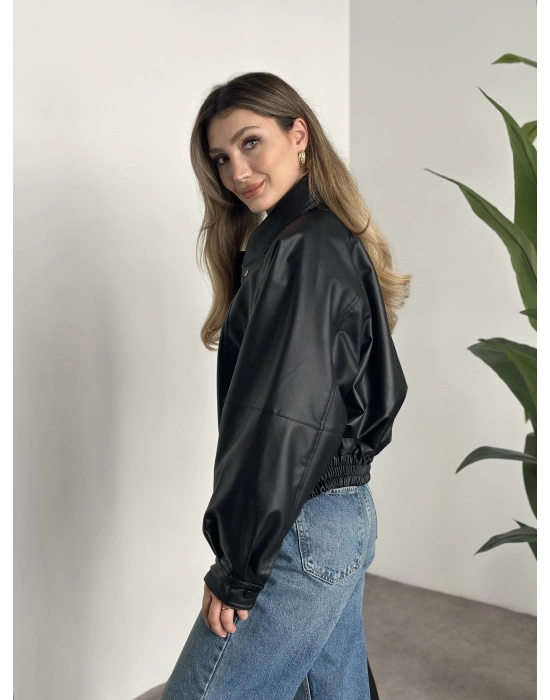 Bol düğme detaylı deri ceket siyah