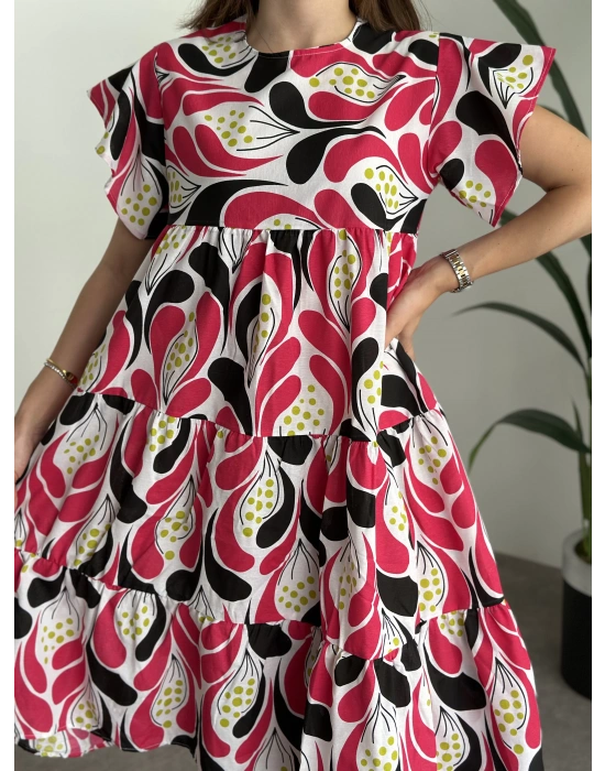 Bol Kesim Poplin Kumaş Mini Elbise Fuşya Beyaz Desenli