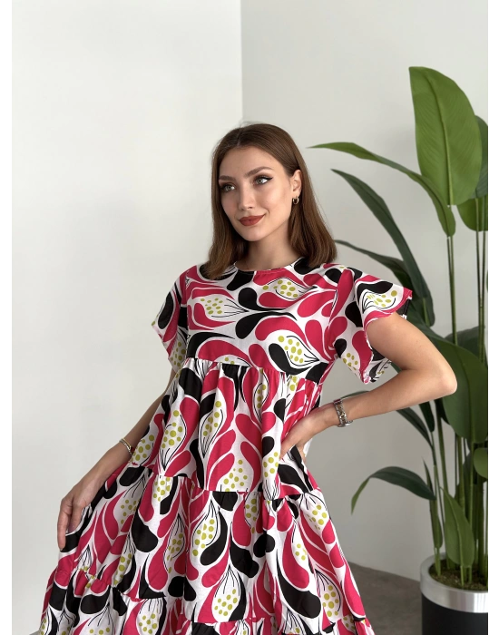 Bol Kesim Poplin Kumaş Mini Elbise Fuşya Beyaz Desenli