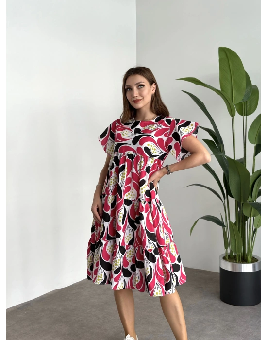 Bol Kesim Poplin Kumaş Mini Elbise Fuşya Beyaz Desenli