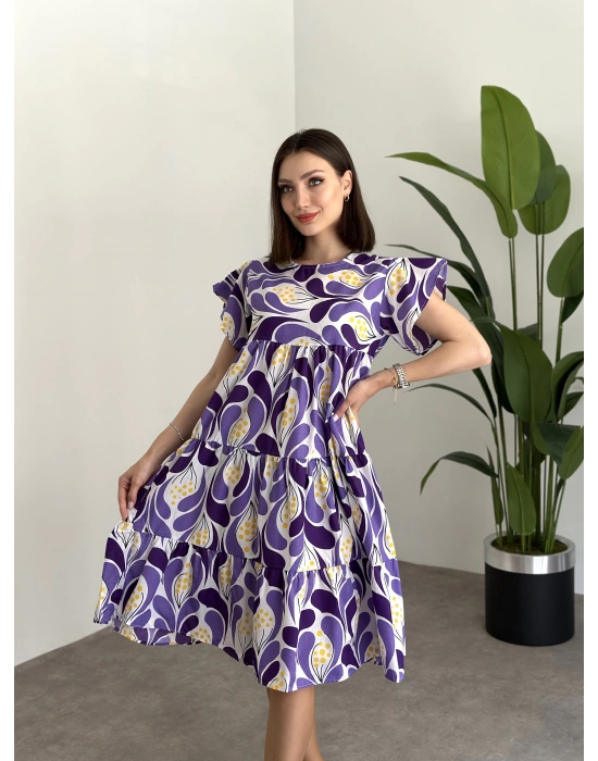 Bol Kesim Poplin Kumaş Mini Elbise Lila Mor Desenli