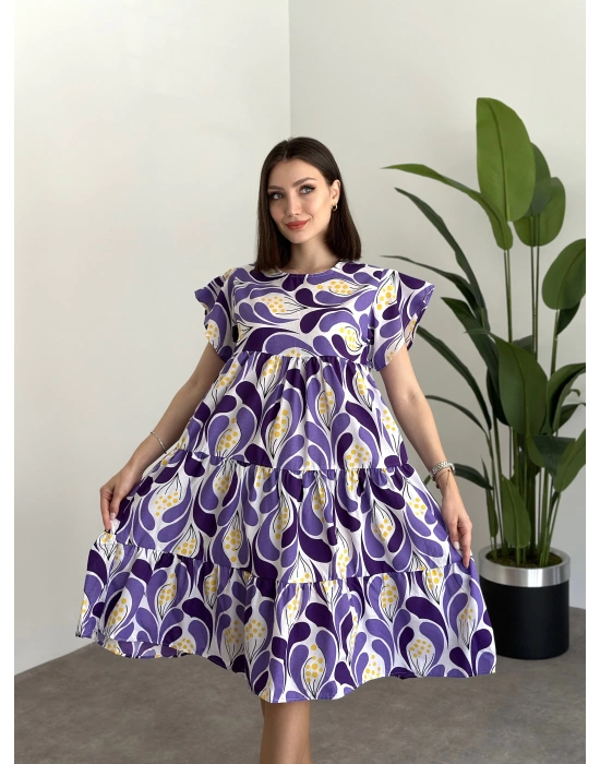 Bol Kesim Poplin Kumaş Mini Elbise Lila Mor Desenli