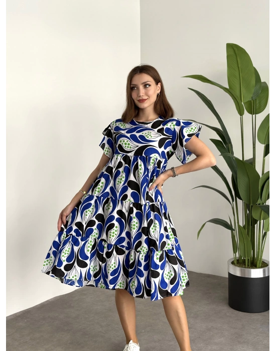 Bol Kesim Poplin Kumaş Mini Elbise Mavi Beyaz Desenli