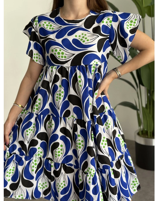 Bol Kesim Poplin Kumaş Mini Elbise Mavi Beyaz Desenli