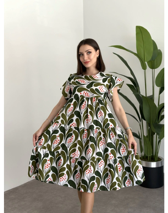 Bol Kesim Poplin Kumaş Mini Elbise Yeşil Beyaz Desenli