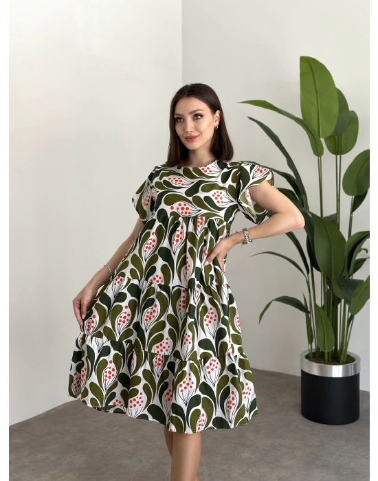 Bol Kesim Poplin Kumaş Mini Elbise Yeşil Beyaz Desenli