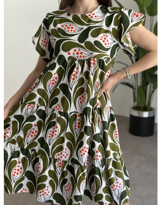 Bol Kesim Poplin Kumaş Mini Elbise Yeşil Beyaz Desenli