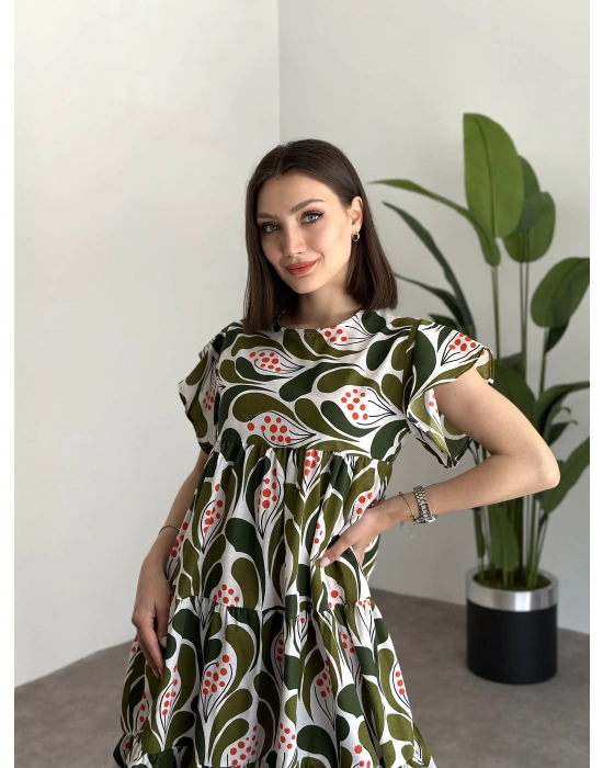 Bol Kesim Poplin Kumaş Mini Elbise Yeşil Beyaz Desenli