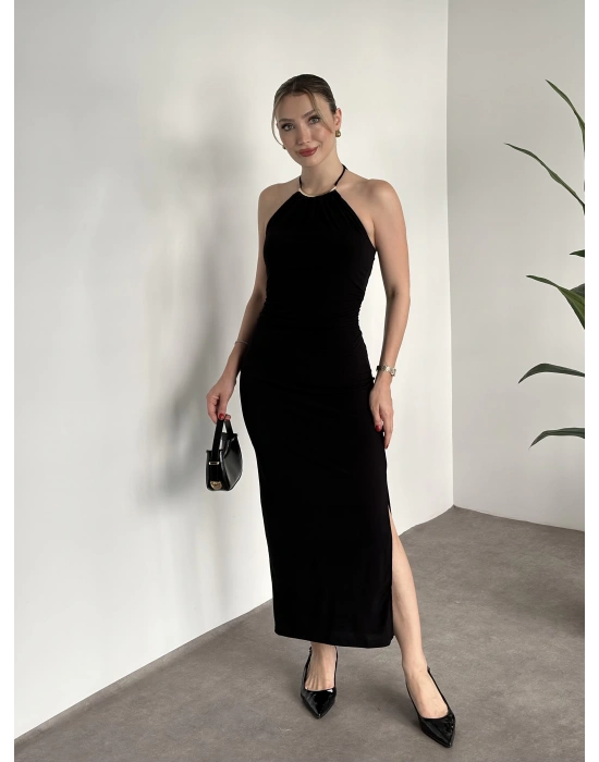 Boyun aksesuar detaylı sandy kumaş elbise siyah