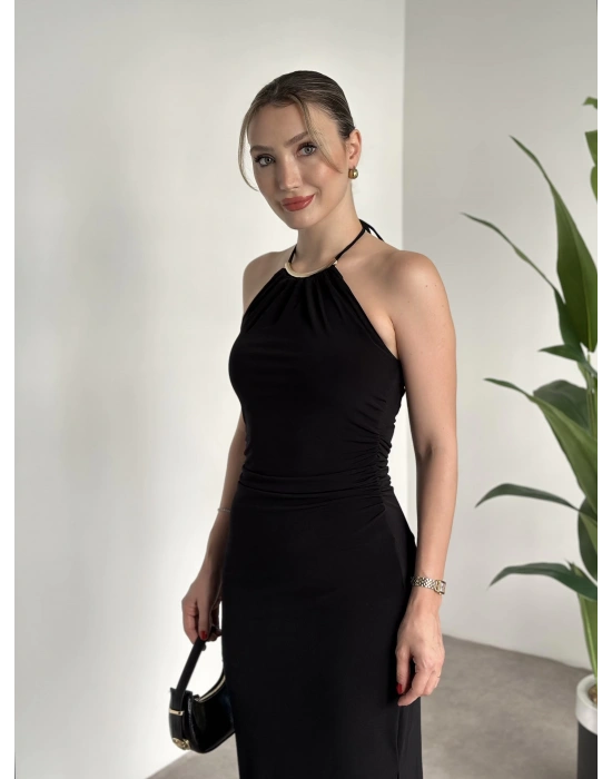 Boyun aksesuar detaylı sandy kumaş elbise siyah