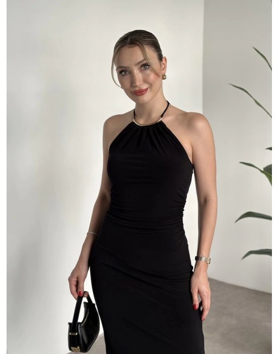 Boyun aksesuar detaylı sandy kumaş elbise siyah