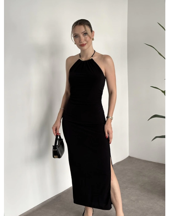 Boyun aksesuar detaylı sandy kumaş elbise siyah