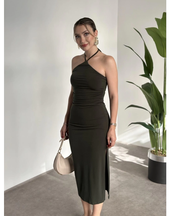 Boyundan bağlamalı yırtmaçlı ithal sandy kumaş elbise haki