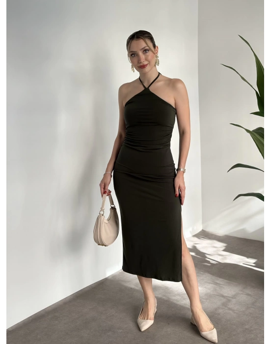 Boyundan bağlamalı yırtmaçlı ithal sandy kumaş elbise haki