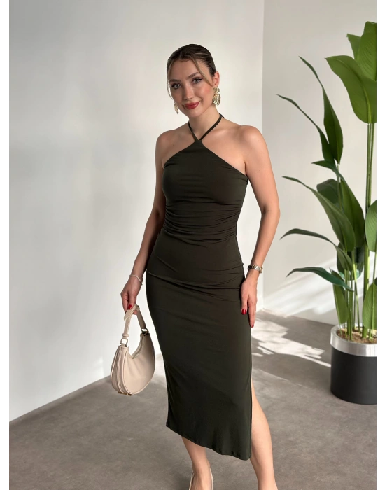 Boyundan bağlamalı yırtmaçlı ithal sandy kumaş elbise haki