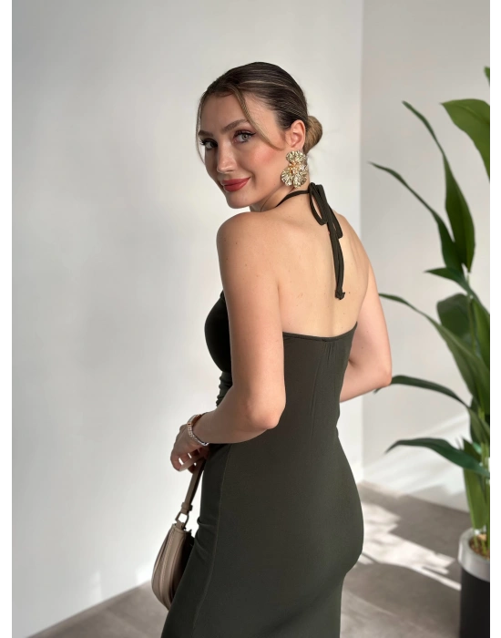 Boyundan bağlamalı yırtmaçlı ithal sandy kumaş elbise haki