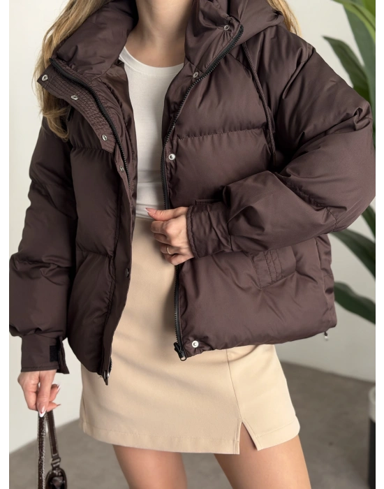 Buffy oversize kapşonlu şişme mont kahve