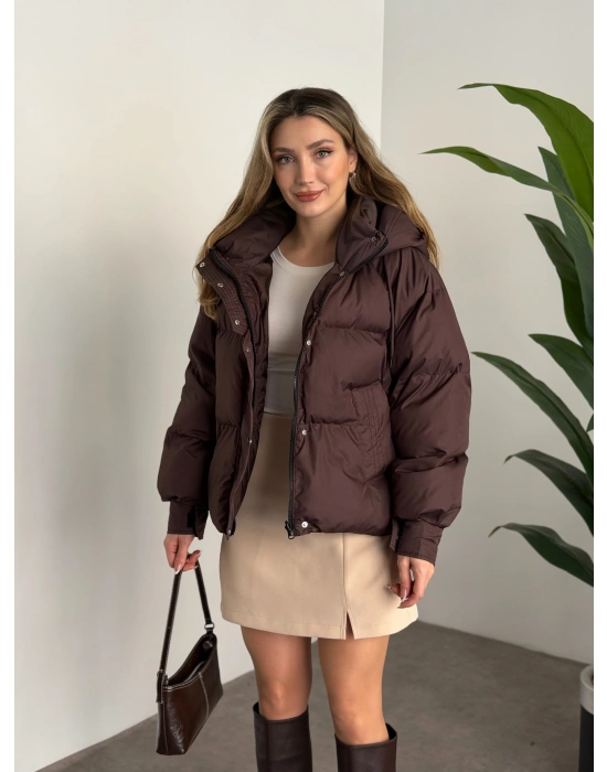 Buffy oversize kapşonlu şişme mont kahve