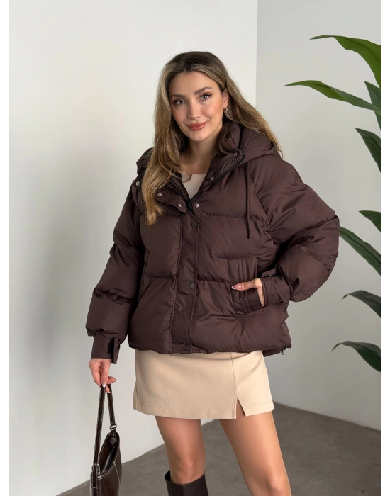 Buffy oversize kapşonlu şişme mont kahve