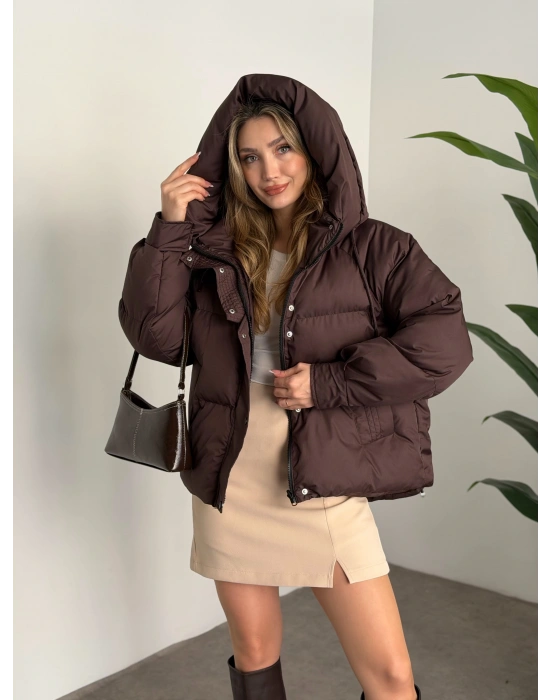 Buffy oversize kapşonlu şişme mont kahve