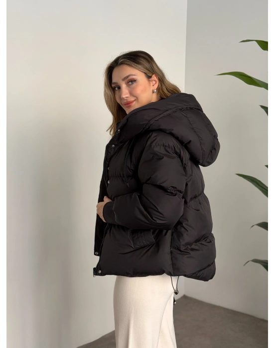 Buffy oversize kapşonlu şişme mont siyah