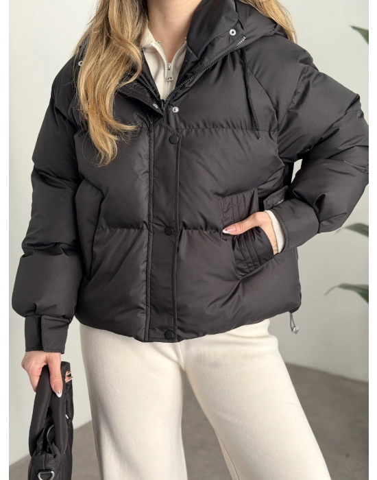 Buffy oversize kapşonlu şişme mont siyah