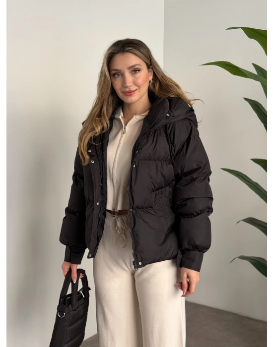 Buffy oversize kapşonlu şişme mont siyah