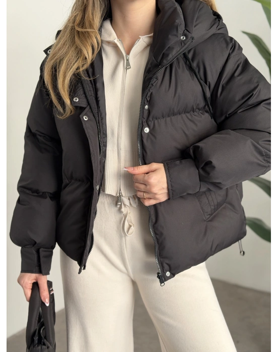 Buffy oversize kapşonlu şişme mont siyah