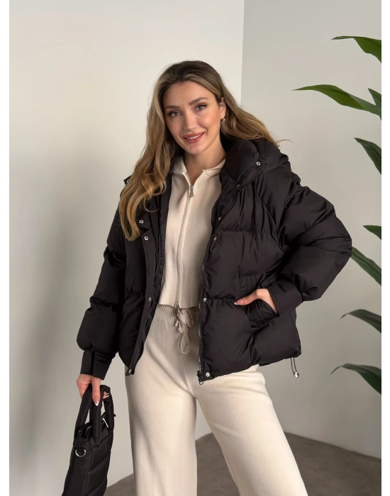 Buffy oversize kapşonlu şişme mont siyah