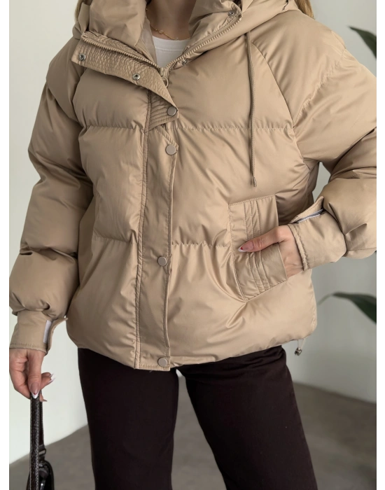 Buffy oversize kapşonlu şişme mont taş