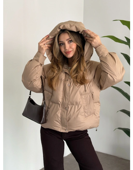 Buffy oversize kapşonlu şişme mont taş