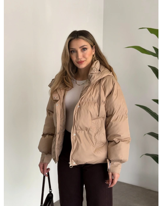 Buffy oversize kapşonlu şişme mont taş