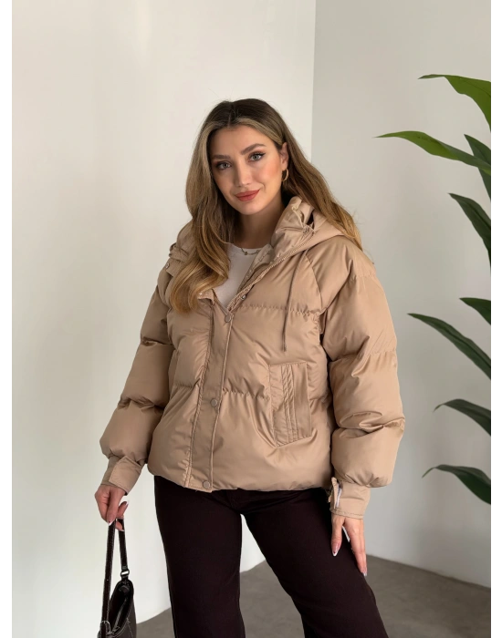 Buffy oversize kapşonlu şişme mont taş