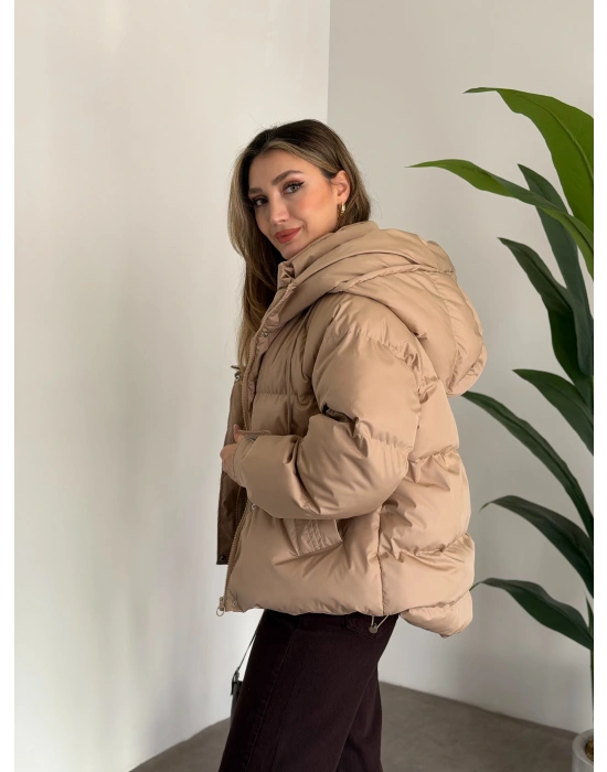 Buffy oversize kapşonlu şişme mont taş