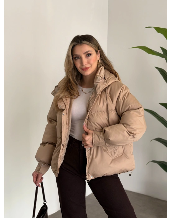 Buffy oversize kapşonlu şişme mont taş