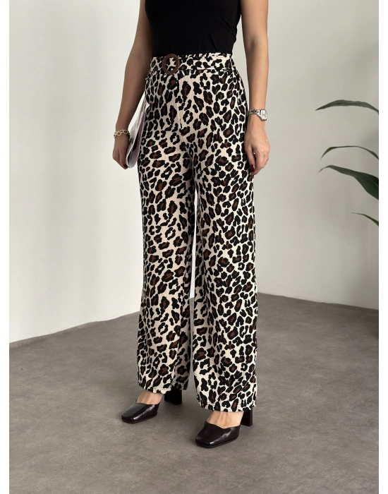 Burgu leopar kumaş beli kemerli pantolon