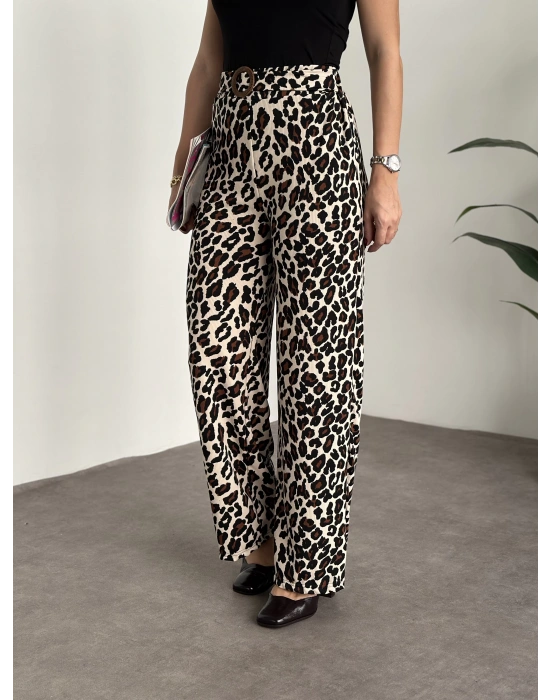 Burgu leopar kumaş beli kemerli pantolon