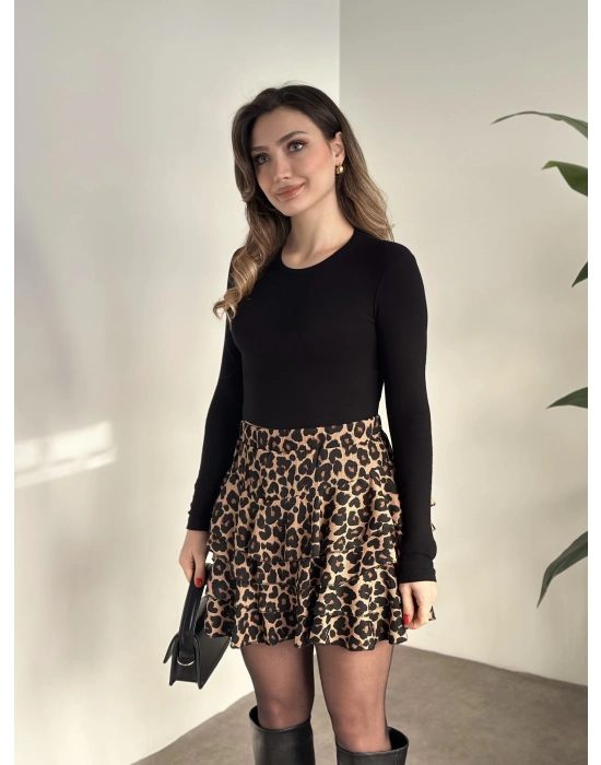Bürümcük şortlu mini etek leopar