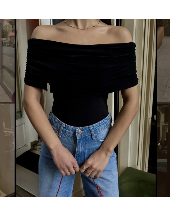 büzgülü ve toka detay kayık yaka bluz siyah