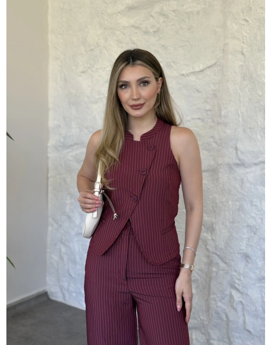 Çapraz asimetrik kesim çizgili takım bordo