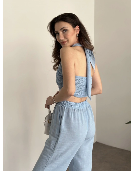 Çapraz bağlama detaylı keten takım bebek mavisi
