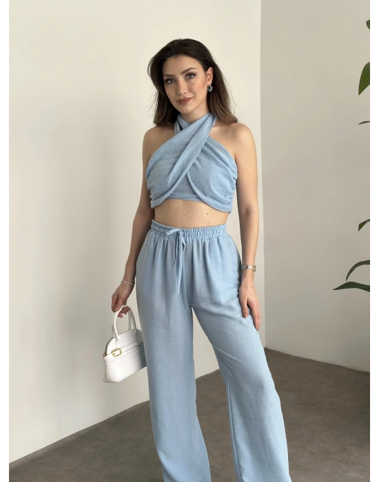 Çapraz bağlama detaylı keten takım bebek mavisi