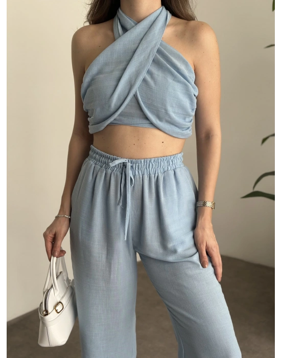 Çapraz bağlama detaylı keten takım bebek mavisi